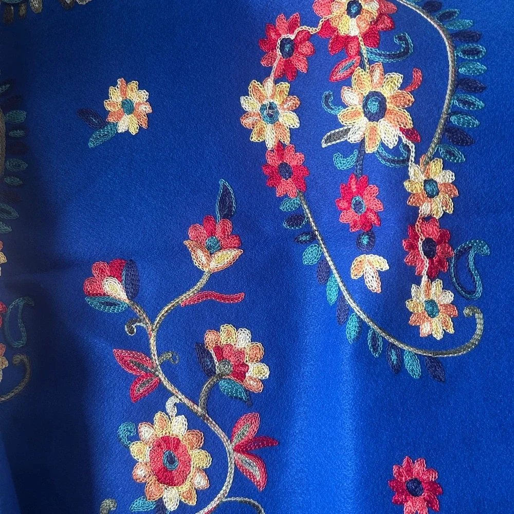 Jessica McClintock Otomi Embroidery Scarf Blue Fabric with Floral Paisley Design
